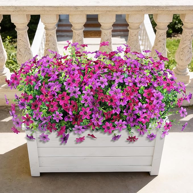 Artificial Flowers for Outdoors 12 Bundles Fake Plants Spring Home Decoration, Realistic Faux Flower Silk Daisy with Eucalyptus Stem UV Resistant Patio Planter Porch Yard Window (Light Purple Fuchsia)
