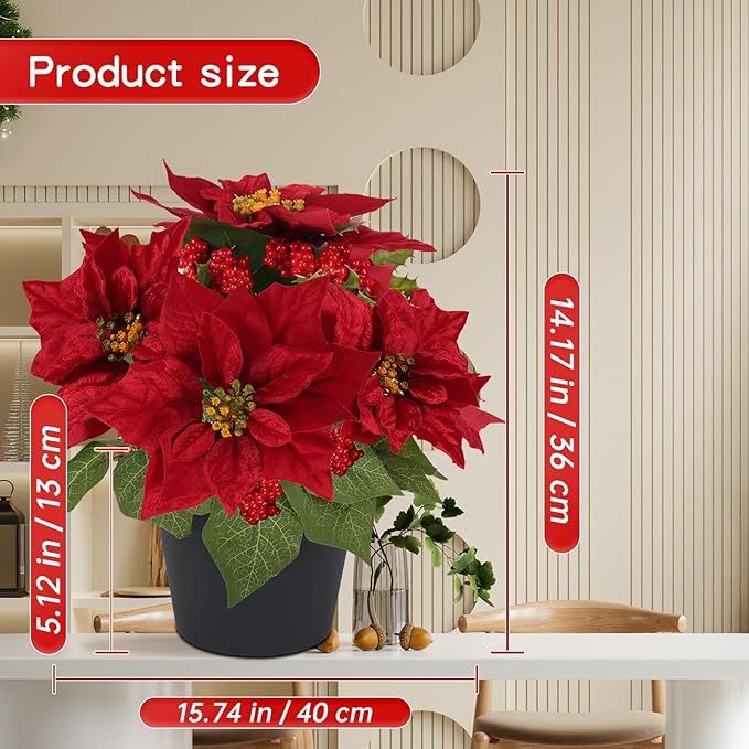 14" Artificial Poinsettias Christmas Plants with Red Berry Fake Poinsettia Flowers in Pot for Home Garden Portch Office Indoor Outdoor Christmas Decorations Red