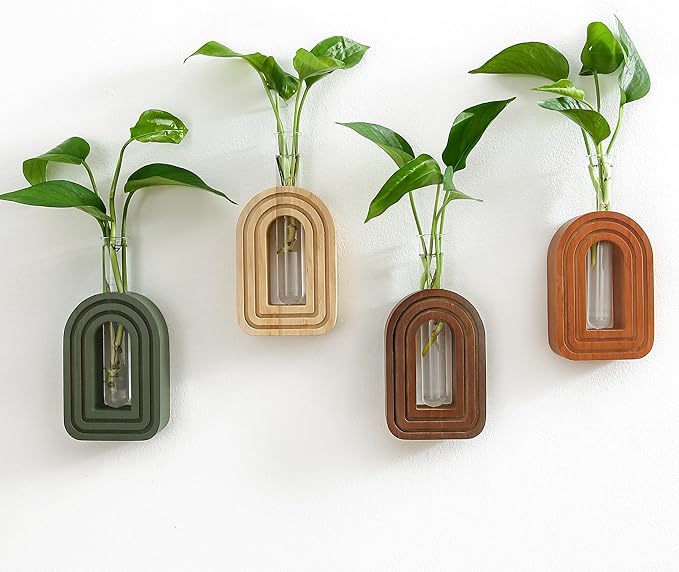 Wood Wall Arched Propagation Vases (Set of 4), Hanging Plant and Flower Vases, Home Decor Boho Wall Decoration for Living Room Bedroom