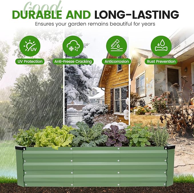 G GOOD GAIN 4x2x1ft Galvanized Raised Garden Bed, Heavy-Duty Metal Planter Boxes Outdoor for Vegetables Flowers Herbs, Olive Green(2 Pack)