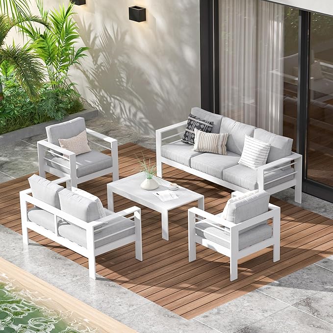 Wisteria Lane Aluminum Patio Furniture Set for All Weather, Oversized Metal Outdoor Furniture Set with 27.5" Deep Seat and 10" Back Cushion, Patio Conversation Sets with Wide armrest, White