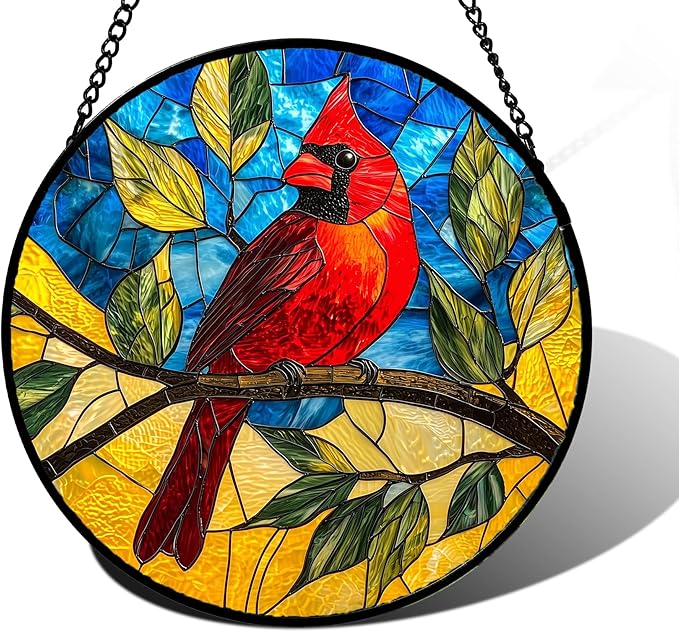DASTOLL Stained Glass Window Hanging, Blue Sky Cardinal Sun Catchers Colorful Glass Panel Red Birds Suncatcher Decor for Birthday for Women, Men, Wife, Aunt, and Mom 7.8 in