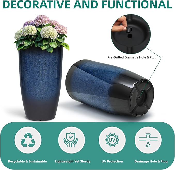 Ultym 23.75" H Large Tall Outdoor Planters, Set of 2 Plastic Large Flower Pots for Outdoor Plants, with Gradient Cobalt Bule Finish, Weather-Resistant for Porch, Garden, Patio or Indoor Use
