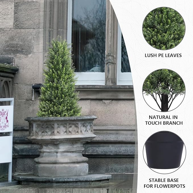 3ft Cedar Topiary Trees Artificial Outdoor Set of 2 Pack, Large Realistic Faux Plants Outdoor, UV Resistant Fake Evergreen Cone Bushes & Shrubs for Front Porch Outside Planter Christmas Decor 3 Foot