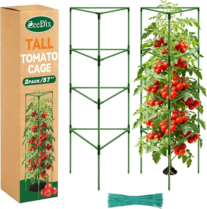 [Upgraded] ZeeDix 57 Inch Tall Tomato Cages for Garden, 2 Pack Large Plant Trellis Support Stakes for Climbing Plants, Heavy Duty Adjustable Tomatoes Cage for Pots, Raised Garden Bed Outdoor Supplies