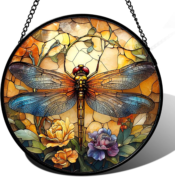 HWRHTR Stained Glass Window Hanging - Orange Blue Dragonfly Flower Suncatcher for Doors Window Home Sun Catchers Decor Christmas Mother's Day Birthday Outdoor Gifts for Women Men Mom Nana 6.3 in