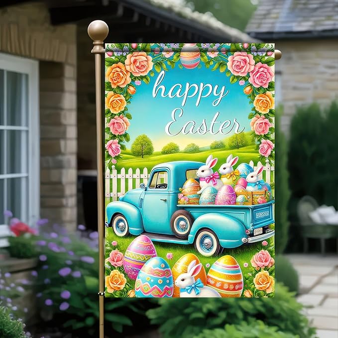 Happy Easter Garden Flag Cute Bunny Truck Yard Flag 12x18 Inch Double Sided Happy Easter Eggs Outdoor Decoration Welcome Easter Outdoor Decoration Spring Farmhouse Holiday
