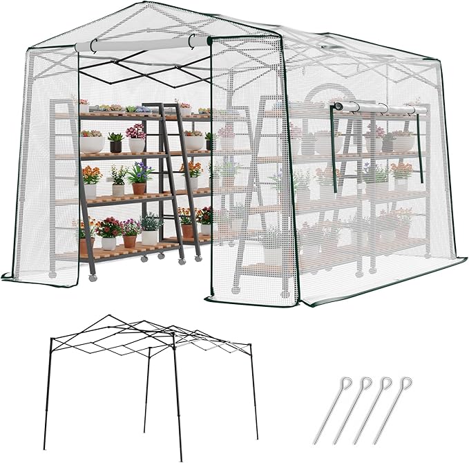11.5x8.5x7.4 ft Walk-in Greenhouse, Portable Plant Hot House with Zipper Windows & Doors, Heavy-Duty PE Cover & Steel Frame, for Garden, Backyard