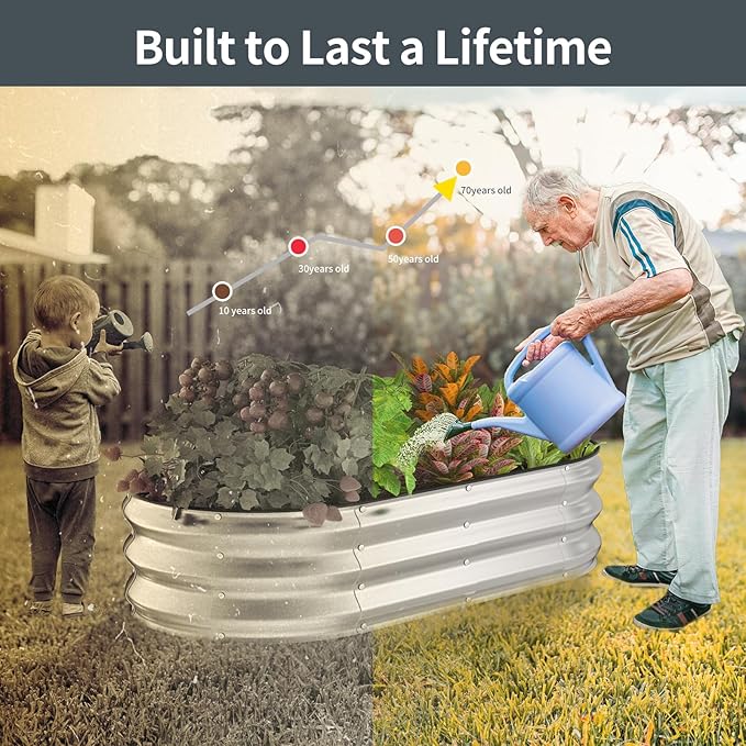 Kesfitt Raised Garden Bed, 4x2x1 FT Galvanized Steel Metal Raised Garden Bed, Oval Open-Bottom Design, 12-Inch Deep for Outdoor Vegetable & Herb Gardening, Silver