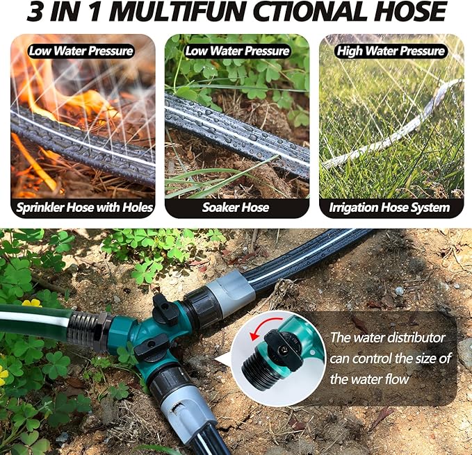 Sprinkler Hose with Holes 75 Ft (25 ft 3pack), Flat Soaker Hose 75 ft with Garden Staples and Splitters, Drip Line Irrigation Hoses for Lawn, Vegetable Watering Hose (75 ft)