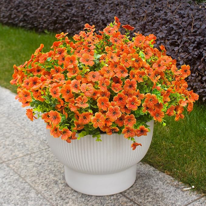 HIFORESTAR Fake Mums Artificial Outdoor Flowers 12 Bundles Autumn Fall Plants Daisy Faux Orange Blooms for Front Porch Window Box Patio Table Centerpieces Decor(Orange Daisy)
