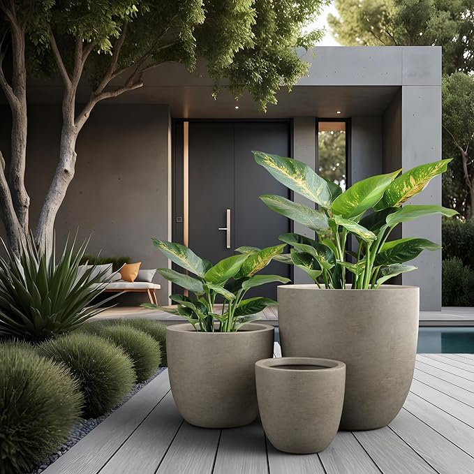 Kante Round Concrete Planter Set of 3, Large Outdoor Indoor Plant Pots with Drainage Hole, 10/14/18-Inch Diameter Flower Pots for Patio, Garden and Home, Weathered Concrete