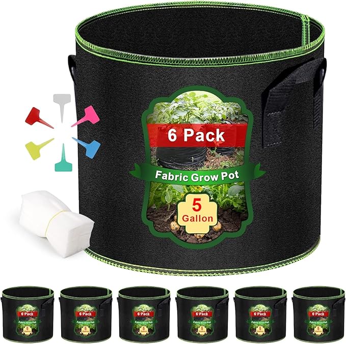MEKOLIFE 5 Gallon Fabric Grow Bags 6-Pack, Thickened Aeration Planter Bags with Handles Plant Tags Seedling Bags for Outdoor Indoor Vegetable Garden, Black