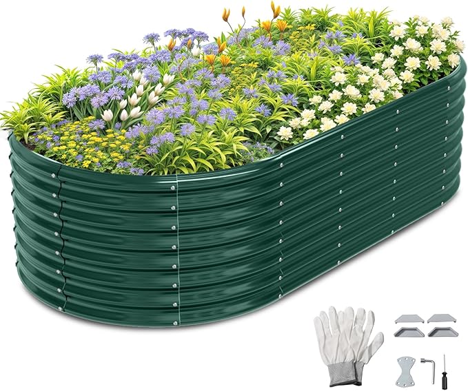 VINGLI 8x4x2ft Galvanized Raised Garden Beds, Oval Planter Boxes Outdoor, Raised Garden Bed for Gardening, Easy Assembly Planter Boxes for Vegetables (Green)