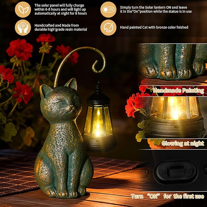 Solar Cat Garden Statue with Hanging Lantern – Waterproof Resin Outdoor Solar Cat Figurine, Decor for Yard, Patio, Balcony – Gift for Cat Lovers or Gardeners