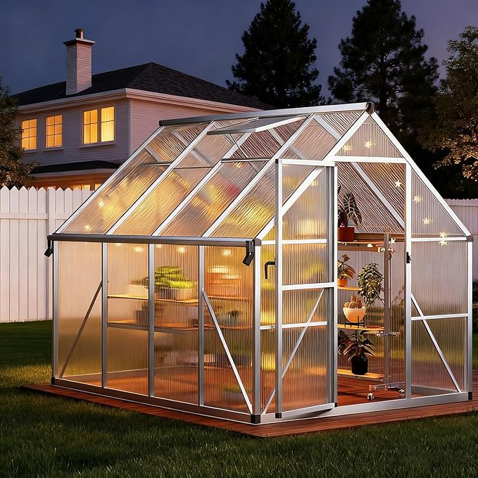 8x10ft Outdoor Greenhouse, Green Houses for Outside Walk-in Kit with Roof Vent, Polycarbonate Greenhouse for Winter & All Season Use, Heavy Duty Aluminum Frame