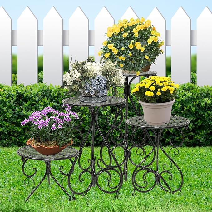 NAKUPE 4-Pack Metal Plant Stand for Indoor Outdoor, Heavy Duty Flower Pot Stands for Multiple Plants, Rustproof Iron Planter Holder Display Shelf for Patio Home Garden Porch Balcony(Black)