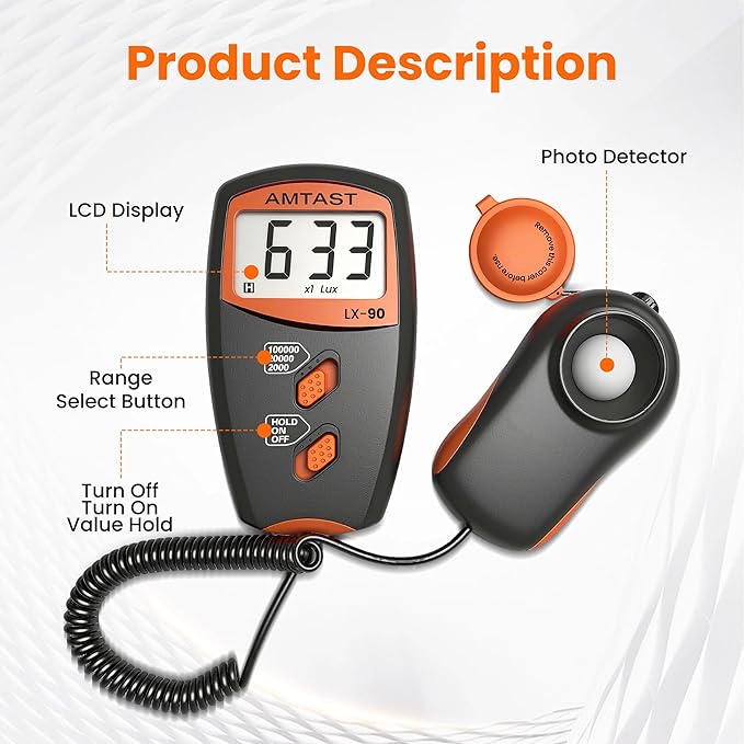 AMTAST Digital LUX Meter Digital Indicator UV Meter Light Meter with LCD Display Luxmeter for 0-100,000 Lux Range High Ambient Light Meter with Backlight (Model LX-90)