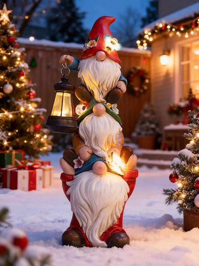 twinbling 17 in Large Garden Gnome Statue with Solar Lights Sculptures Funny Triple Big Gnome Outdoor Patio Lawn Yard Balcony Garden Home Decor Gifts for Women Mom