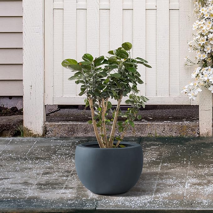 Kante 11.8" Dia Round Concrete Planter, Outdoor/Indoor Large Bowl Plant Pots with Drainage Hole and Rubber Plug for Garden Patio Balcony Home, Charcoal