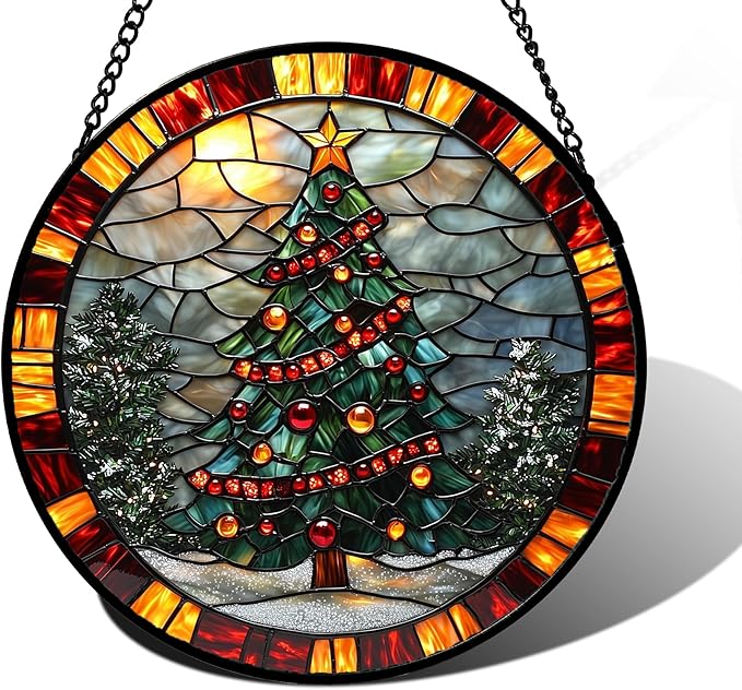 Stained Glass Window Hanging - Winter Christmas Tree Suncatcher Ready to Hang Window Doors Home Decoration, Christmas, Mother's Day Birthday Gifts for Women, Men, and Mom 11.8x11.8 in