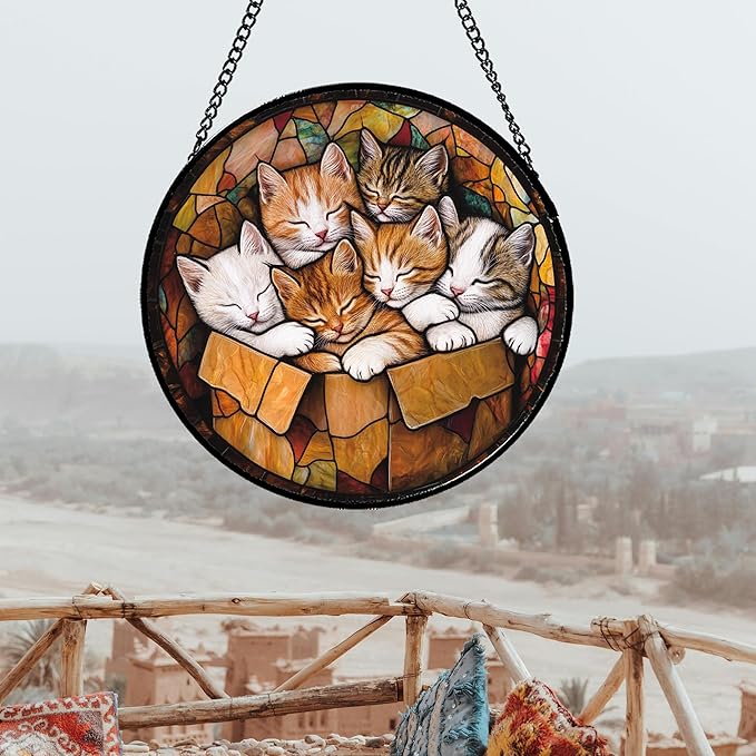Stained Glass Window Hanging 6 Cute Kittens Large 15" - Cat Gift Suncatcher Door Sun Catcher Decor Birthday Christmas for Lost Pets Mom Men Woman Friend
