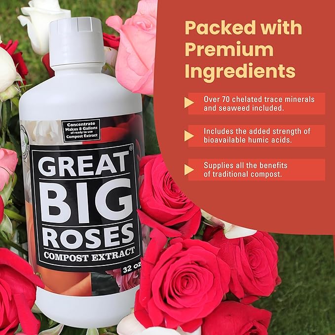 Great Big Roses – Soil and Rose Fertilizer Booster to Grow The Best Roses and Flowers; Rose Food Compost Extract for Rose Bush, 32 Ounce Concentrate (Makes 8 Gallons)