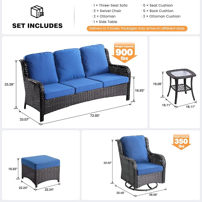 ovios 6 Pieces Patio Furniture Set, Outdoor Wicker Sofa Couch with Swivel Chairs Ottomans Comfy Cushions, High Back Modern All Weather Conversation Sets, Brown Rattan, Navy Blue