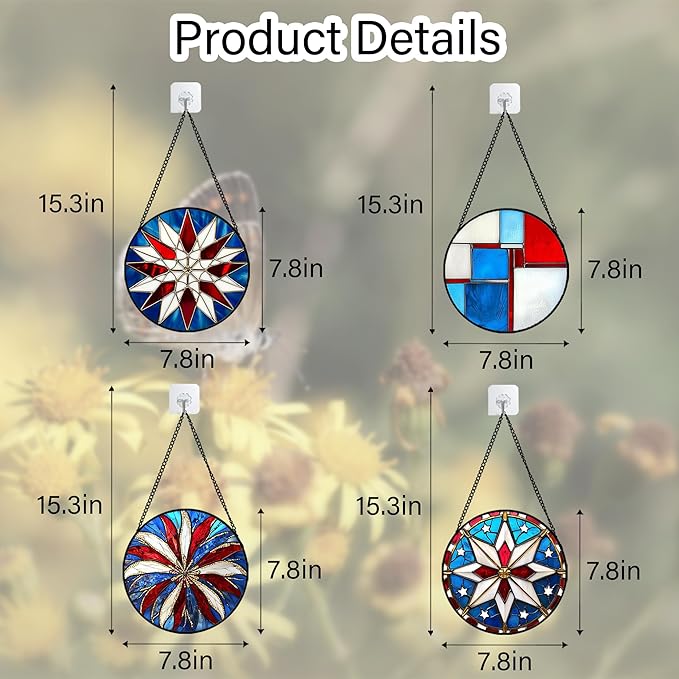 AMDERVEN Stained Glass Window Hanging 4 Pcs Set Abstract Flowers in Red White Blue 7.8" - Suncatcher Door Garden Sun Catcher Decor Birthday Mother's Day Xmas Gift for Mom Woman Nana Men Parents