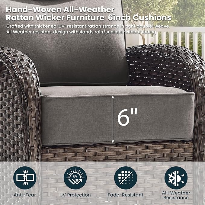 High Back Luxury Patio Furniture Set with 6-inch Thick Cushion, Swivel Rocker Patio Chairs Set of 4 with Outdoor Couch, 8 Piece Wicker Conversation Set for Deck Yard Garden Balcony Gray