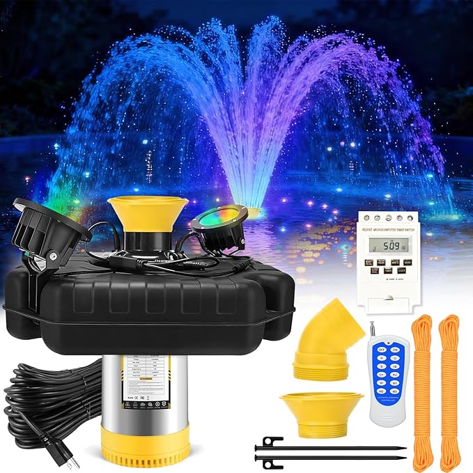 Pond Fountain Aerator with Lights Burnvale BU-F5, 2 RGB LED 1HP 15000 GPH Floating Aerating Fountain with Timer, 100FT Power Cord and Rope Aerator Water Pump, for Large Outdoor Ponds Lakes and Pool