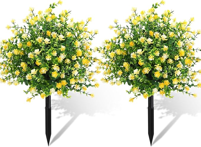 Suncalla Set of 2 Artificial Camellia Topiary Ball Tree Fake Bushes Shrubs Outdoor Faux Plant with Ground Spike 26 x 18 Inch Flowers UV Resistance Greenery for Front Porch Garden Patio Indoor