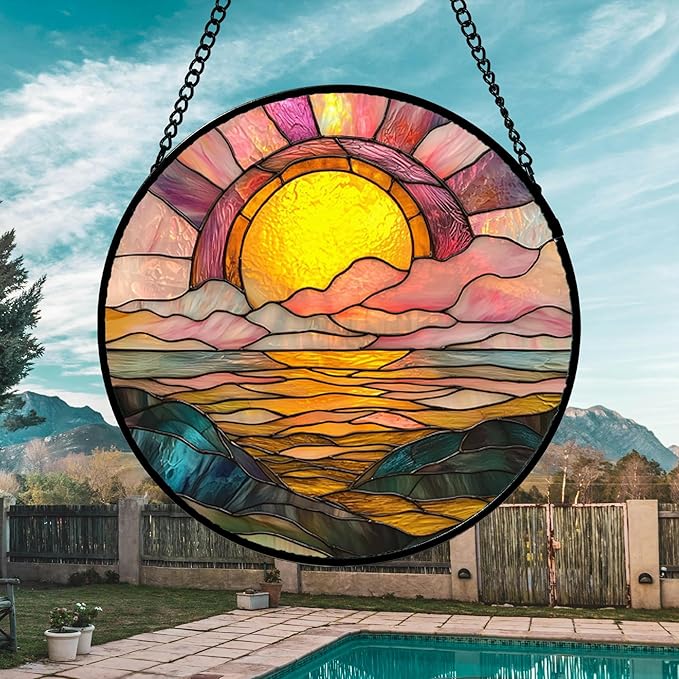 DASTOLL Stained Glass Window Hanging, Sunrise Over The Sea Suncatcher Diamond Glass Panel Hangings Abstract Sun Catchers Decor for Birthday for Women, Men, Wife, Aunt, and Mom 14.9 in
