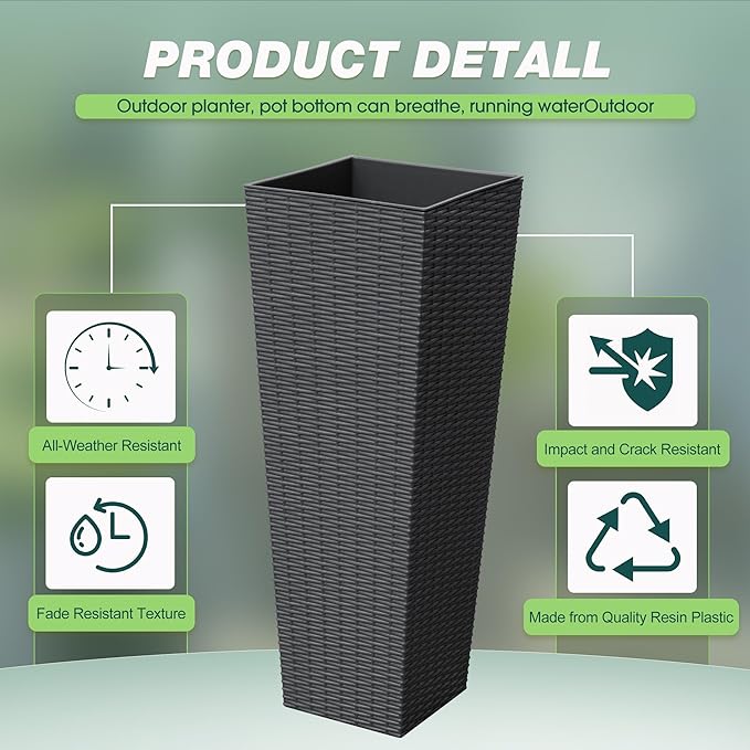 Flamaker Resin Rattan-Design Planters Set of 2, 32'' Tall Flowerpot with Additional Pot for Soil, Durable Weather-Resistant Planter with Drainage Holes for Garden, Patio, Backyard (Black, Large)