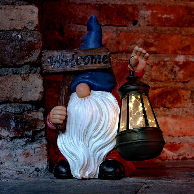 Garden Gnome Outdoor Decoration Solar Gnomes Statue with Lantern LED Lights,Terrace Courtyard Lawn Patio Porch Fall Decoration Halloween Christmas Housewarming Gift for Mom Women, Gnome Blue