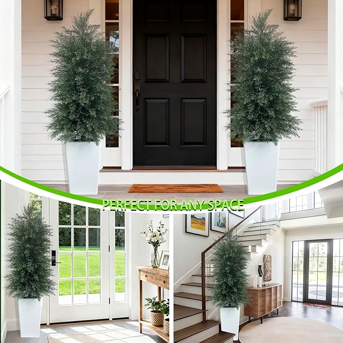 5FT Artificial Topiary Tree with Tall White Planter Beautiful Realistic Faux Cedar Pines Christmas Trees UV Rated Fake Shrubs for Front Porch Faux Plants Indoor and Outdoor Decor (1 Pack)