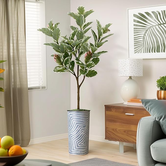 Artificial Tree in Contemporary Geometric Pattern Planter, Fake Rubber Silk TRE for Indoor and Outdoor Home Decoration - 70" Overall Tall (Plant Pot Plus Tree)