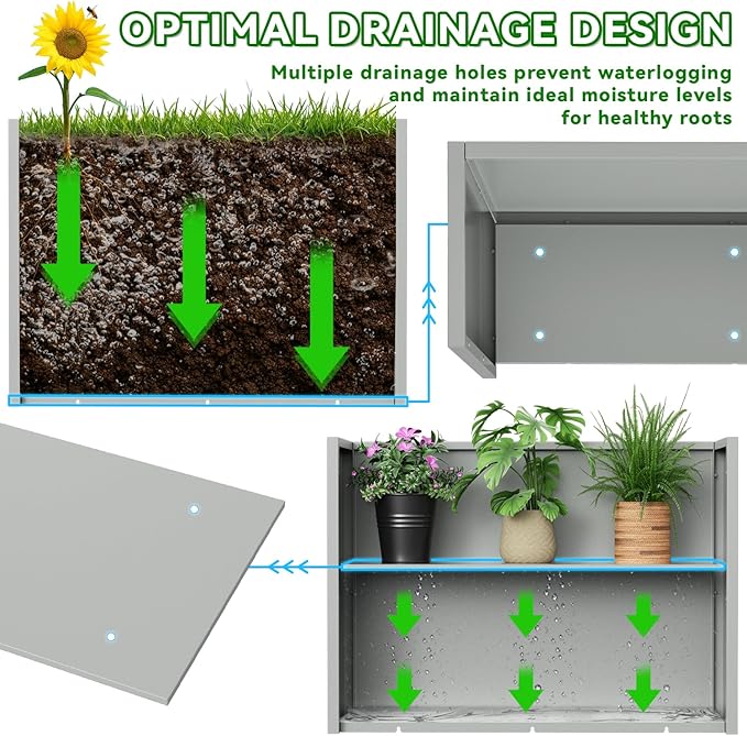NUWJBYE Tall Metal Planter Box, 36" L x 12" W x 26" H Large Outdoor Planters with Drainage & Adjustable Shelf, Heavy Duty Steel Rectangular Planter for Patio, Balcony, Indoor(Gray)