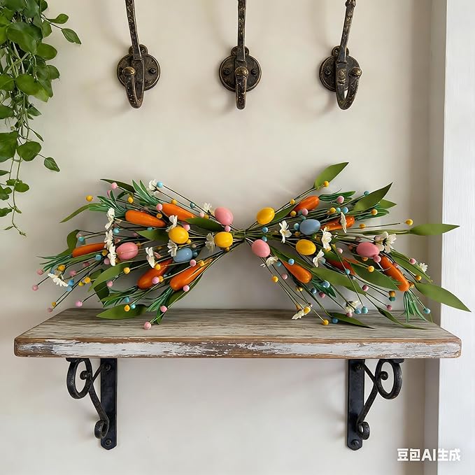 22'' Easter Swag Wreath with Carrots and Easter Eggs for Front Door Artificial Spring Floral Teardrop Swag with White Daisy Flower for Farmhouse Kitchen Cabinet Porch Wall Window Cabinets Wedding Arch