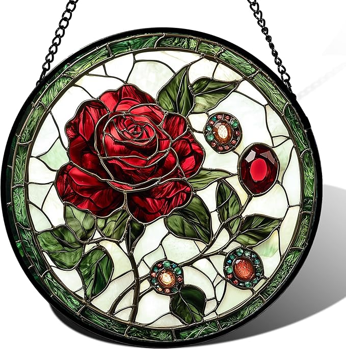 DASTOLL Stained Glass Window Hanging, Red Rose Gemstone Green Sun Catchers Diamond Glass Panel Hangings Suncatcher Decor for Birthday for Women, Men, Wife, Aunt, and Mom 14.9x14.9 in