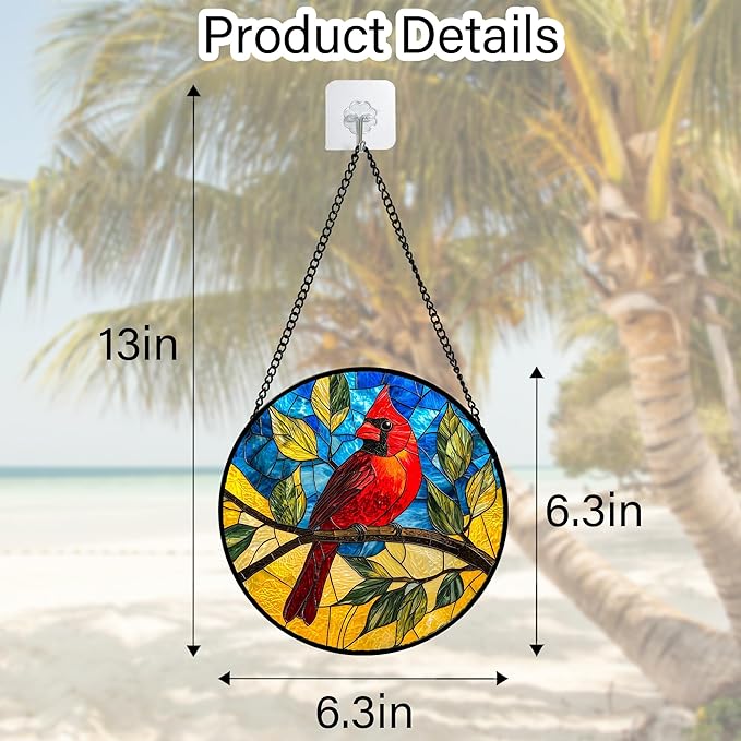DASTOLL Stained Glass Window Hanging, Blue Sky Cardinal Sun Catchers Colorful Glass Panel Red Birds Suncatcher Decor for Birthday for Women, Men, Wife, Aunt, and Mom 6.3 in