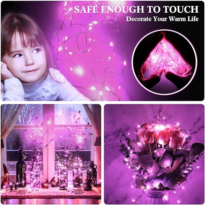 Hortsun 100 Packs Fairy Lights Battery Operated 3 Speed Modes, 7 Ft/ 2 M 20 LED Battery String Mini Waterproof Wire Twinkle Lights Bulk for Wedding Party Birthday Vases Decor (Pink Light)