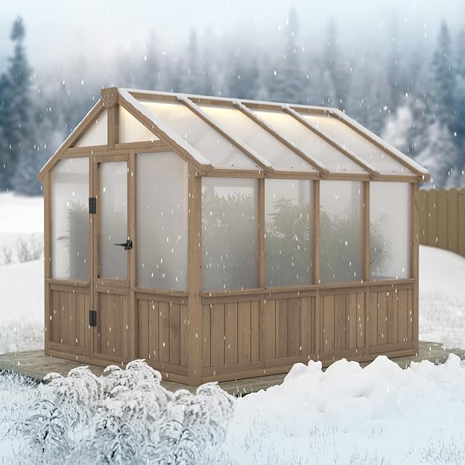 Mupater 6 x 8 FT Wooden Polycarbonate Greenhouse with Ventilated Window and Lockable Door, Walk-in Greenhouse for Backyard, Patio, Lawn, Brown