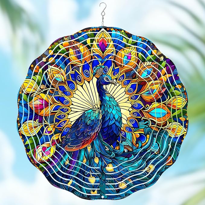 Peacock Wind Spinners Outdoor, Peacock Gifts for Women Wife Mom Grandma, Hanging Wind Spinners for Christmas Thanksgiving, 12 inch Outdoor Indoor Hanging Ornament for Garden Porch Backyard