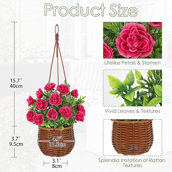 Artificial Rose Flowers with Hanging Woven Basket, Faux Blooming Roses in Fake Rattan Planter with Rope, Romantic Floral Arrangement for Home Bedroom Porch Patio Balcony Summer Wedding Decor, Pink
