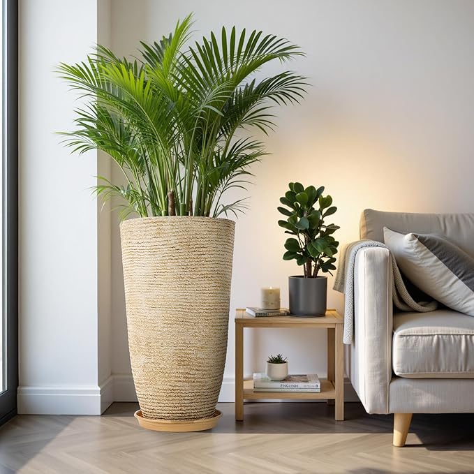 QCQHDU Set of 2 9 Gallon Tall Large planters for Outdoor/Indoor Plants of 12" Dia x 21" H Round Flower Pots Set Faux Stone Finish Front Door Patio Square Porch Planters with Tray, Beige