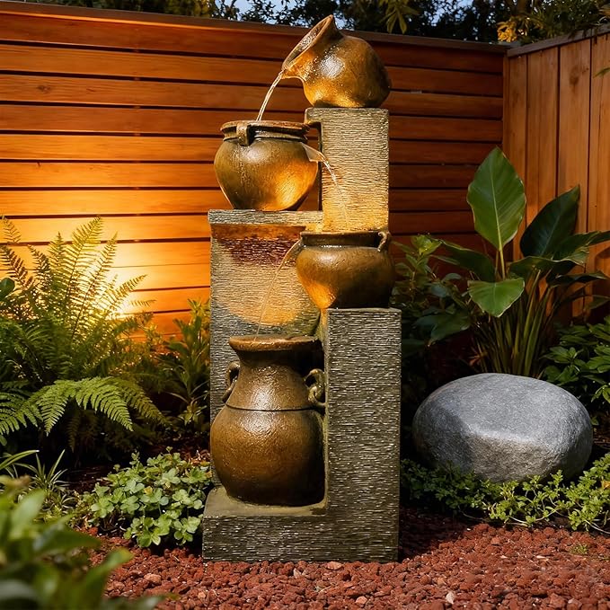 53" H Large Outdoor Water Fountain with Lights - 4 Tiered Cascading Bowls Waterfall Fountain for Garden, Patio, Backyard, Porch Inside - Freestanding Outdoor Water Feature Gold