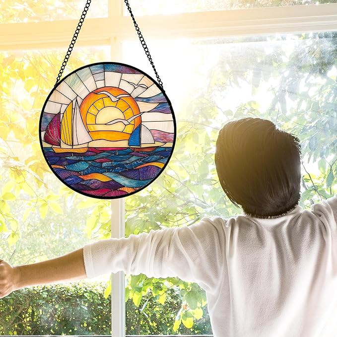 DASTOLL Stained Glass Window Hanging, Sailboat and Waves Suncatcher Diamond Glass Panel Hangings Sun Catchers Decor for Birthday for Women, Men, Wife, Aunt, and Mom 9.8 in