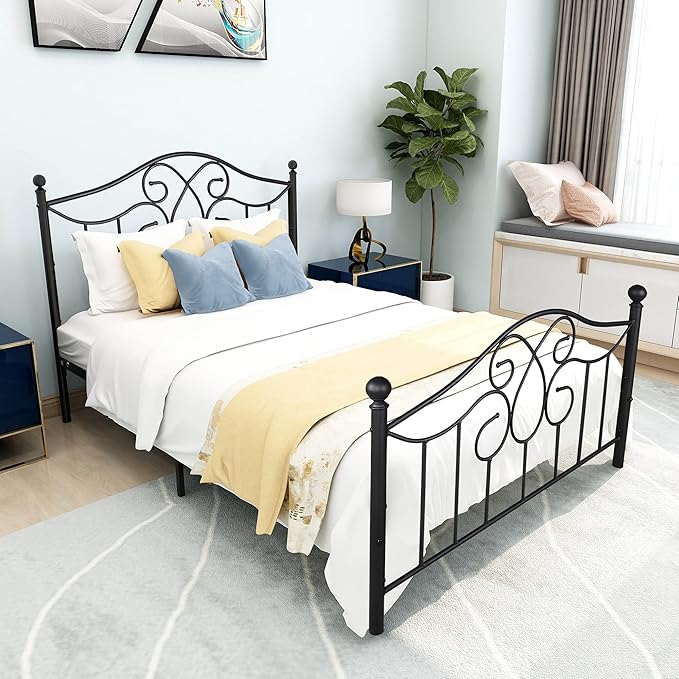 DUMEE Metal Platform Full Size Bed Frame with Vintage Headboard and Footboard Full Bed Frame Under Bed Storage No Box Spring Needed (Full/Double Size, Black)