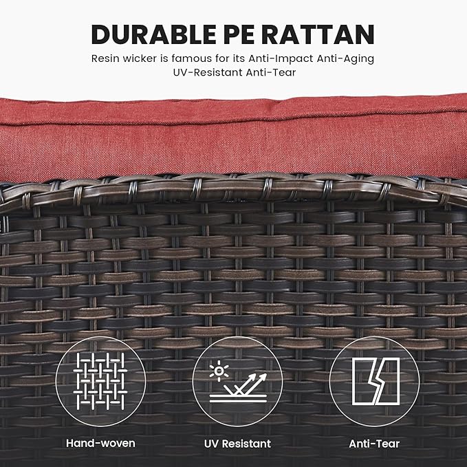 Belord High Back Patio Chairs Set of 2 - Brown Wicker Outdoor Seating, 4" Wide Armrests Rattan Outdoor Club Chairs with Red Removable Cushion for Deck Porch Backyard